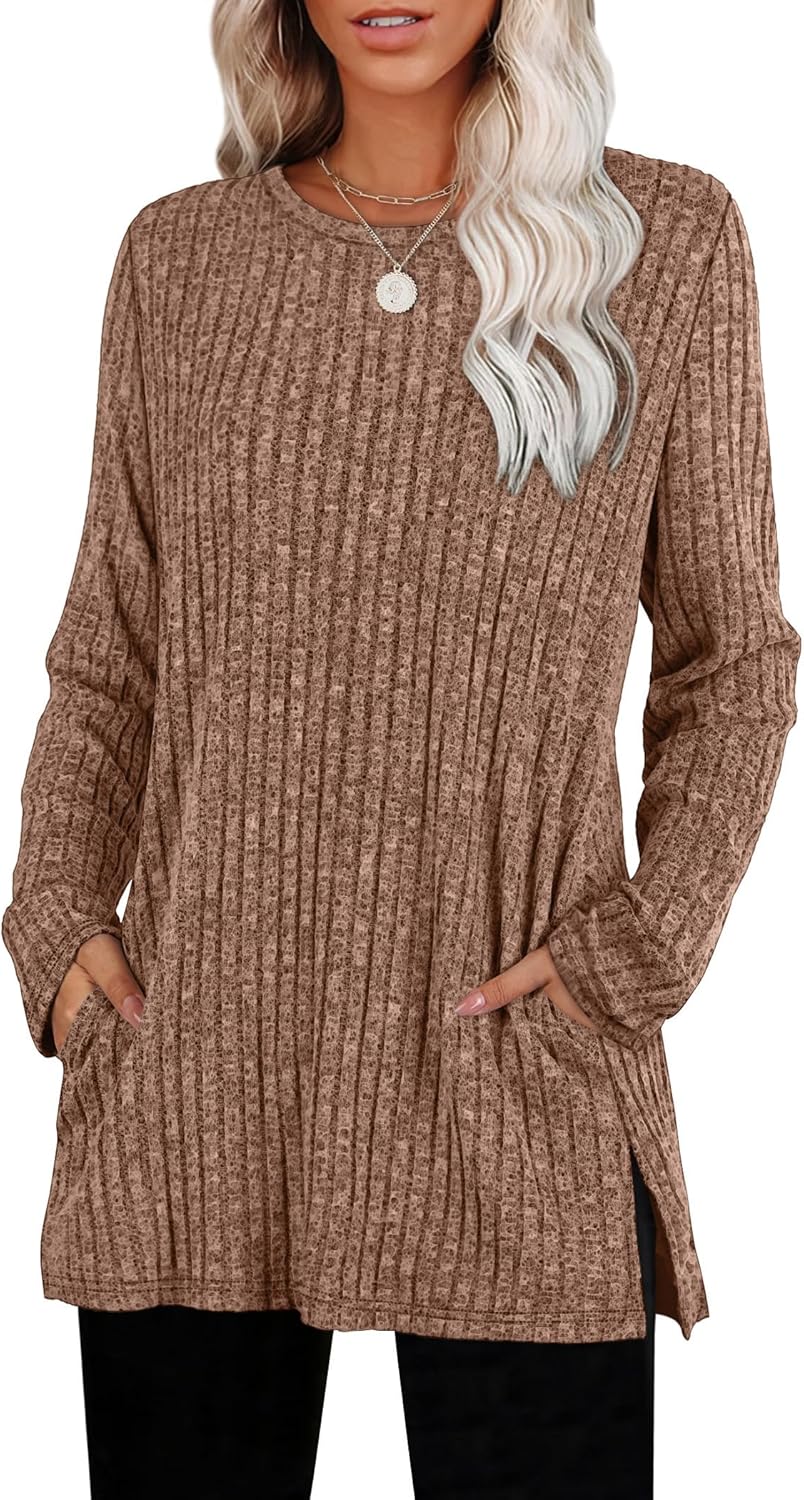 SAMPEEL Womens Sweaters Crewneck Long Sleeve Shirts with Pockets Fall Outfits 2025 Fashion Winter Clothing Side Slit