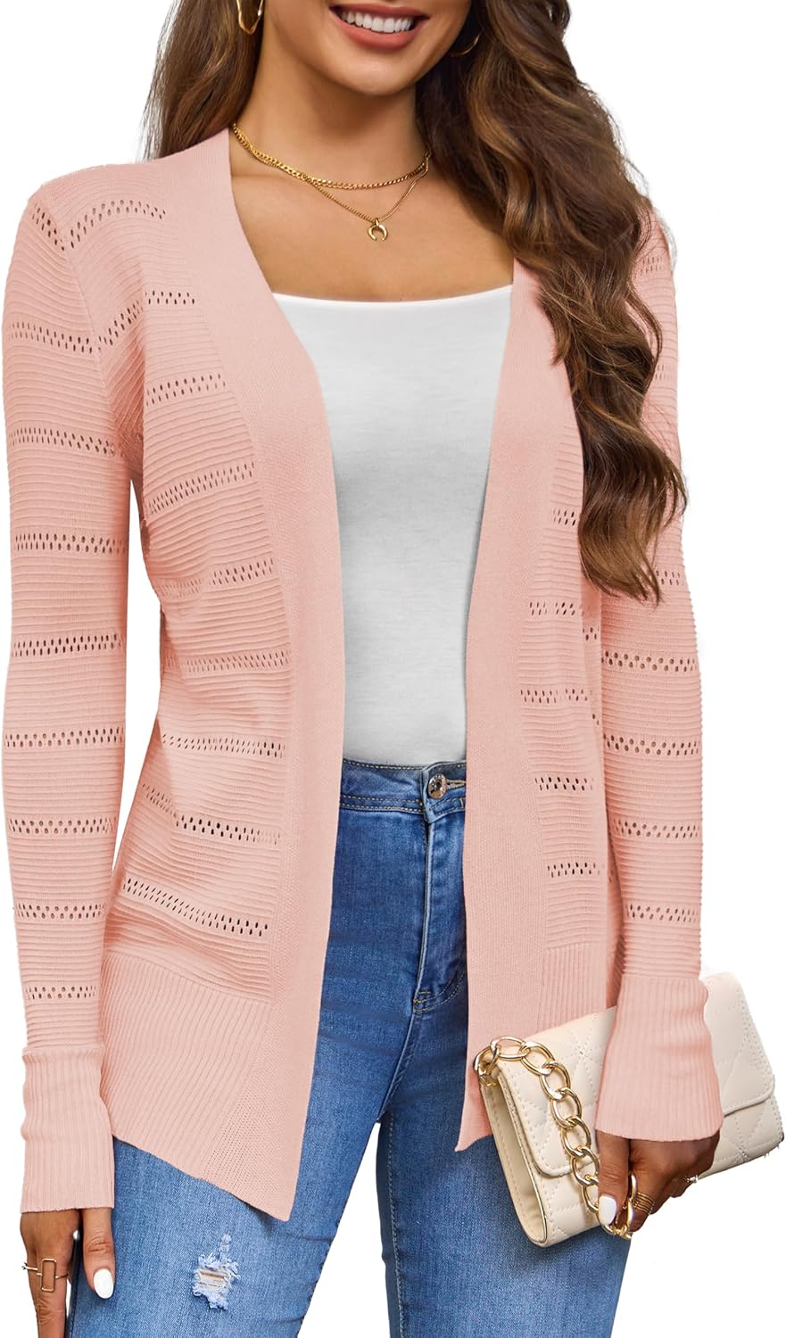 VOIANLIMO Women's Open Front Casual Long Sleeve Knit Classic Sweaters Cardigan with Pockets