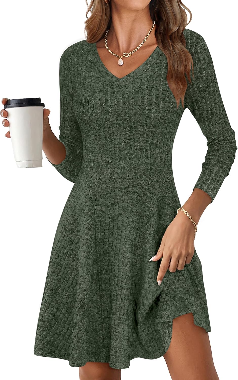 ANRABESS Women Long Sleeve Ribbed Knit Short Dresses 2025 Fall Winter V Neck Casual Swing A Line Sweater Dress