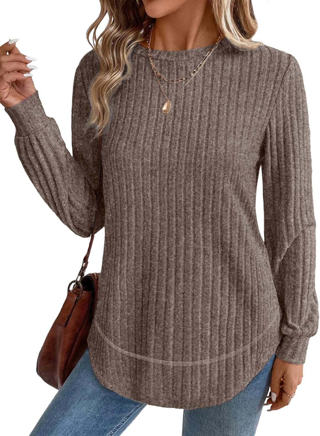 OFEEFAN Tunic Tops for Women Loose Fit Dressy Long Sleeve Shirts Womens Sweaters Crew Neck Fall Clothing with Curved Hem