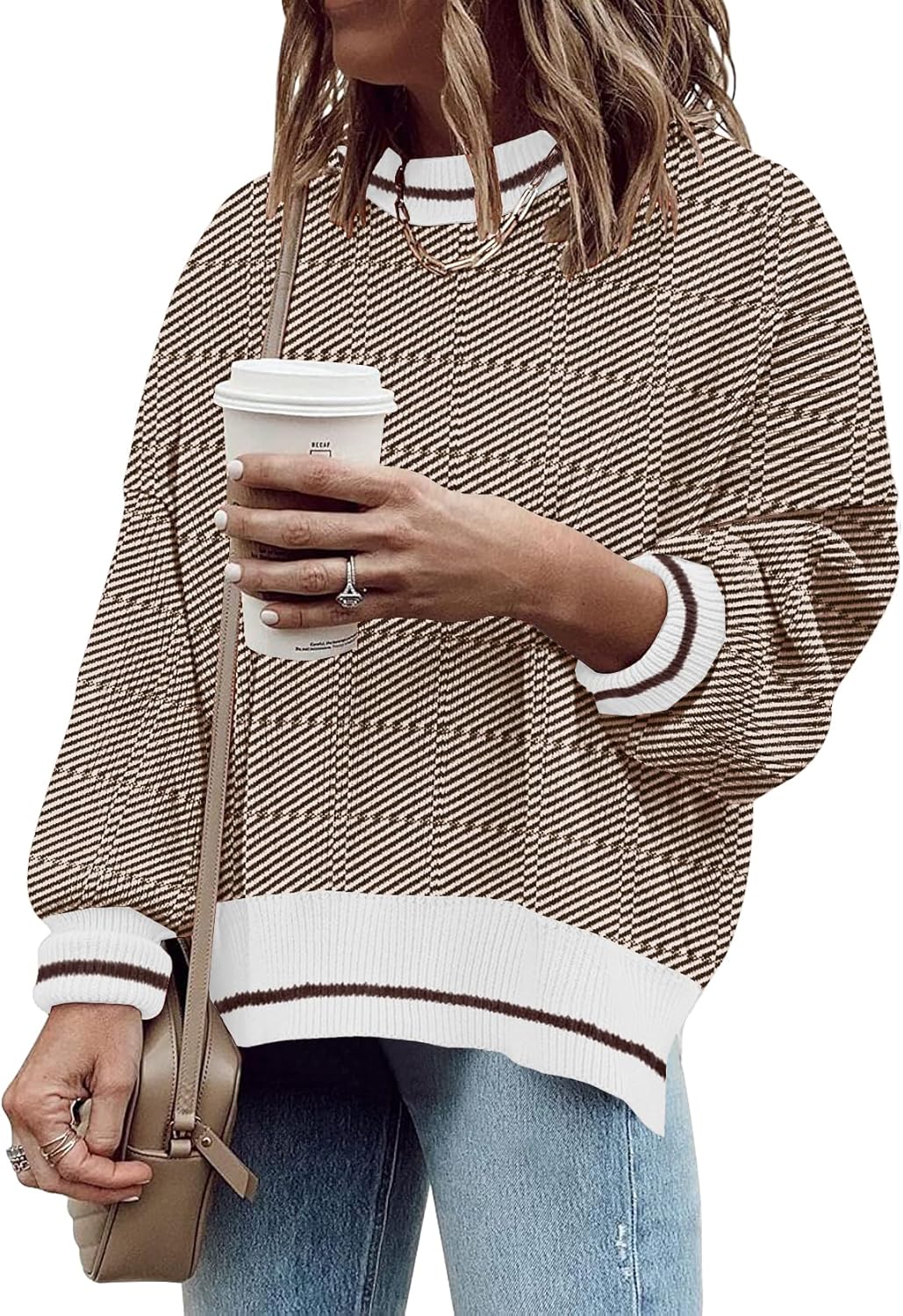 ETCYY Womens Oversized Sweaters Fall 2025 Fashion Clothes Trendy Batwing Sleeve Colorblock Striped Knit Pullover Tops