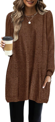 OFEEFAN Long Sleeve Shirts for Women Long Sweaters with Pockets Tunic Tops Loose Fit