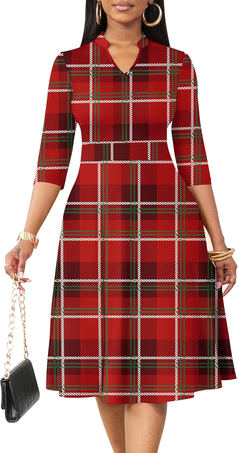 Nmoder Casual Dresses for Women Semi Formal Fit and Flare 3/4 Sleeve A-line Church Work Dress with Pockets