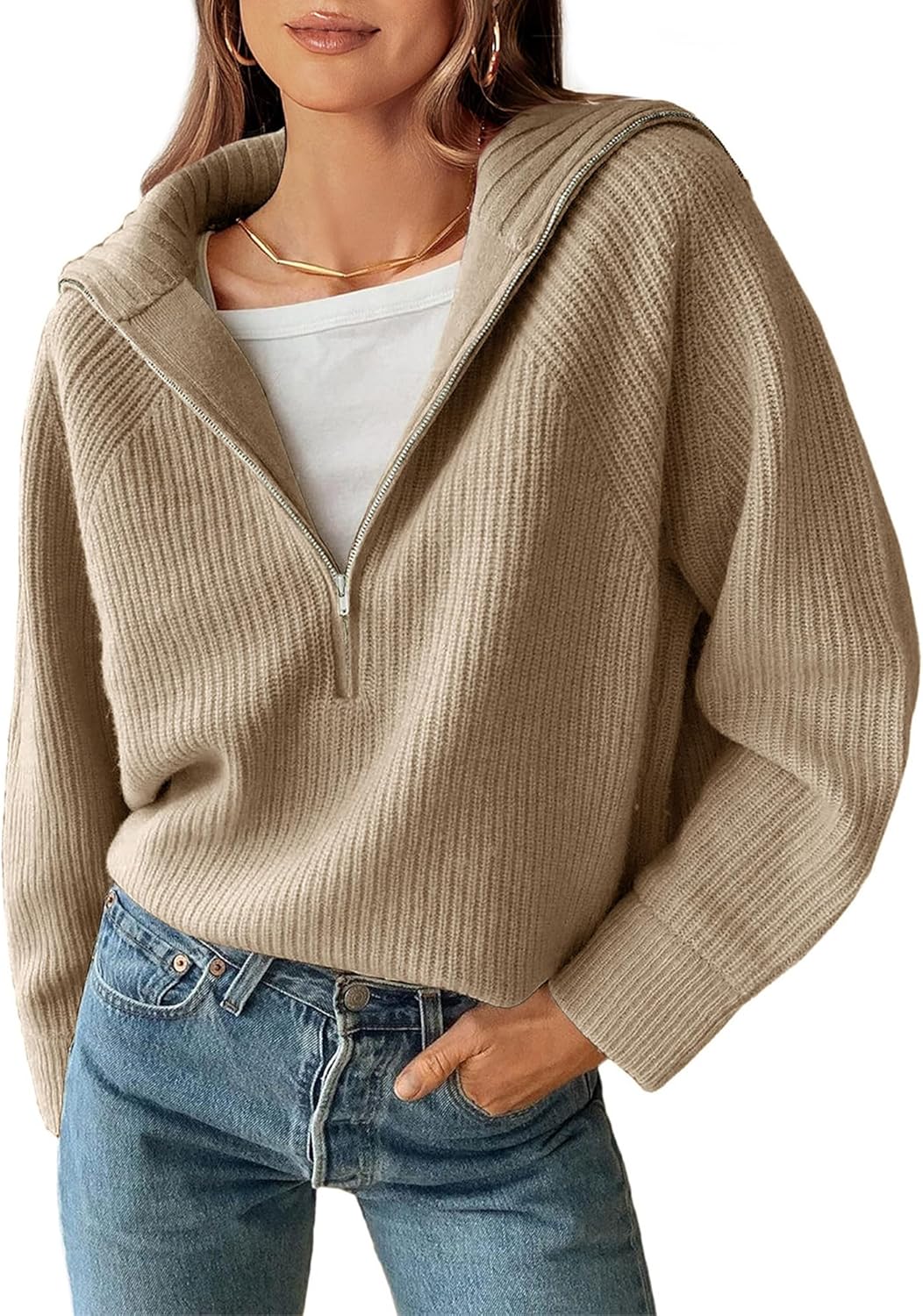 BTFBM Womens Sweaters Quarter Zip Pullover V Neck Collar Long Sleeve Ribbed Knit Loose Casual 2025 Winter Fall Sweater