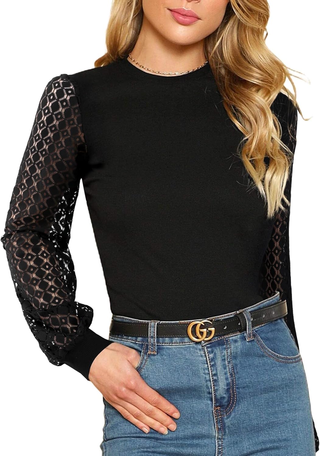 Remidoo Women's Solid Round Neck Puff Long Sleeve Slim Fit T Shirt Tops