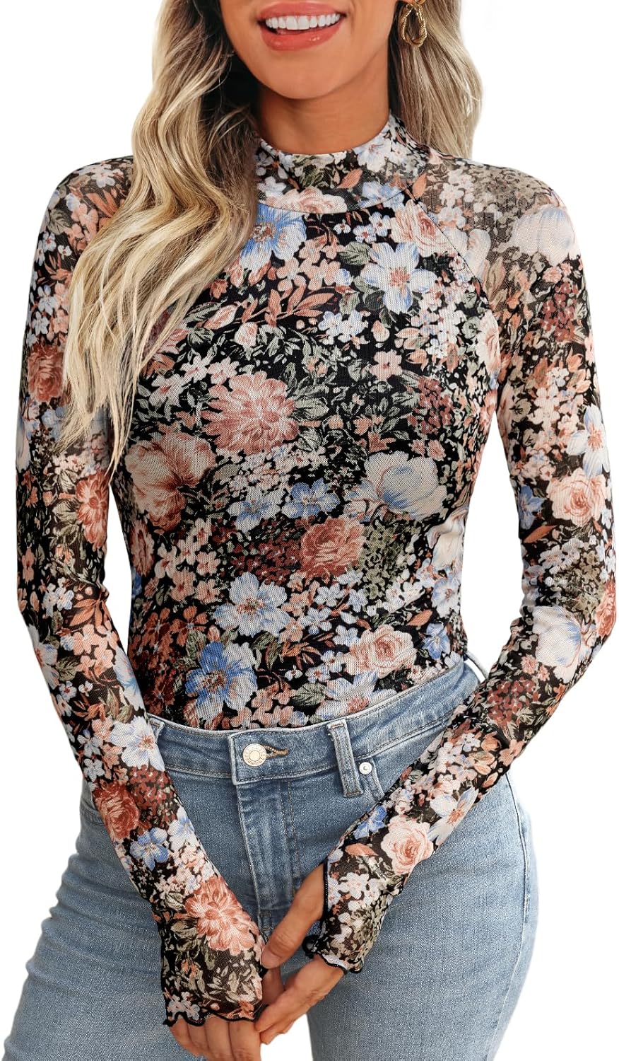 Dealmore Lace Sheer Long Sleeve Floral Mesh Mockneck Trendy Cute Going Out Tops for Women Fall Fashion Outfits 2025 Clothes