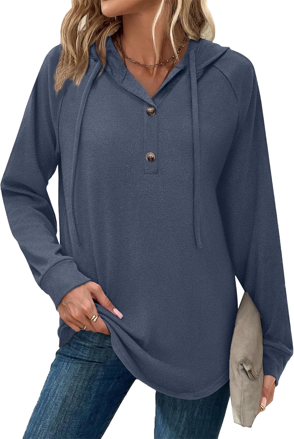 Hoodies for Women Long Sleeve Shirts Fall Fashion V Neck Sweatshirts with Buttons Casual Trendy Pullover Tops