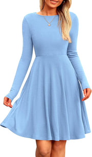 PRETTYGARDEN Women's Fall Short Dress Ribbed Knit Crewneck Long Sleeve A Line Flowy Casual Elegant Going Out Winter Dresses