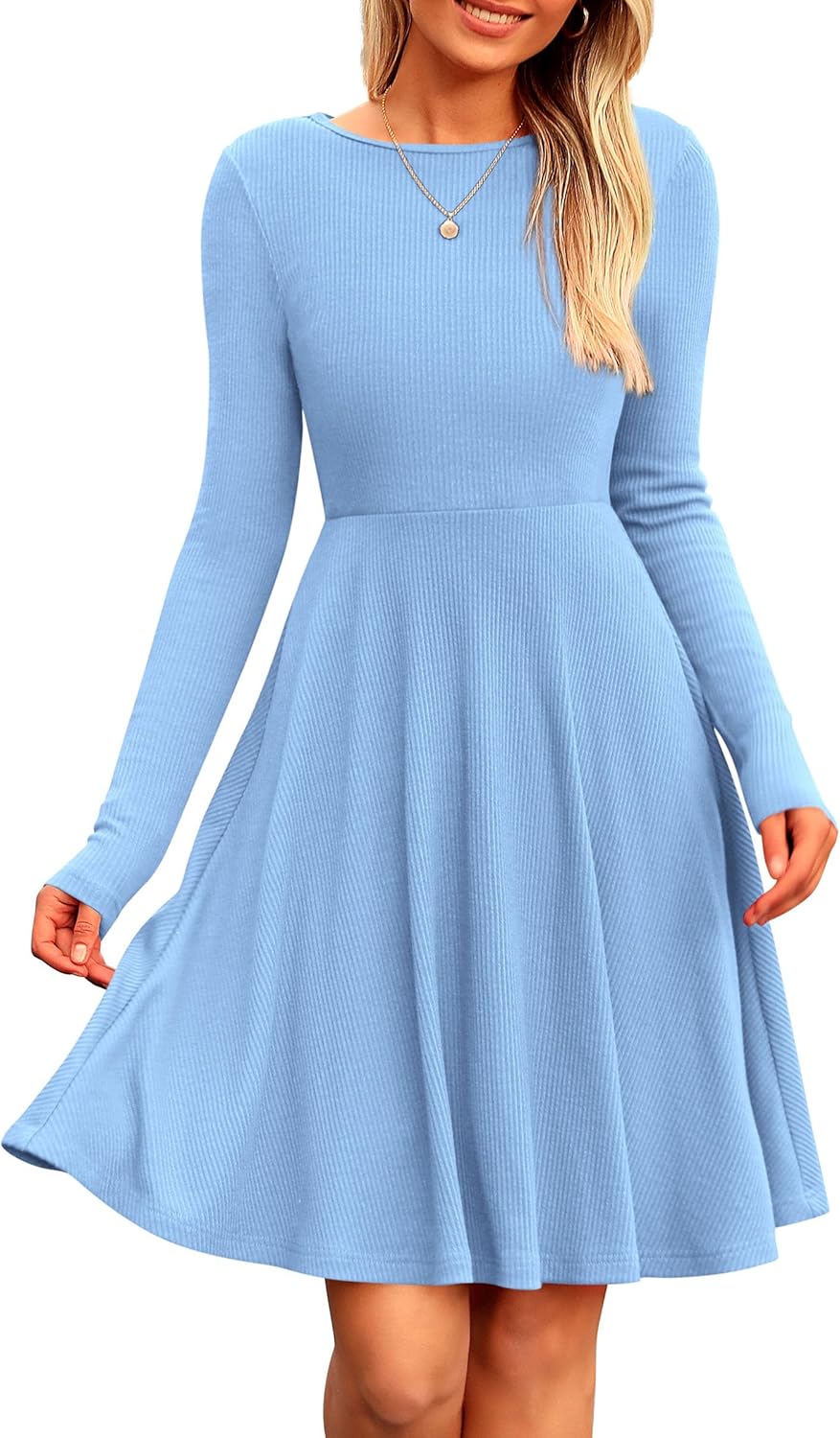 PRETTYGARDEN Women's Fall Short Dress Ribbed Knit Crewneck Long Sleeve A Line Flowy Casual Elegant Going Out Winter Dresses