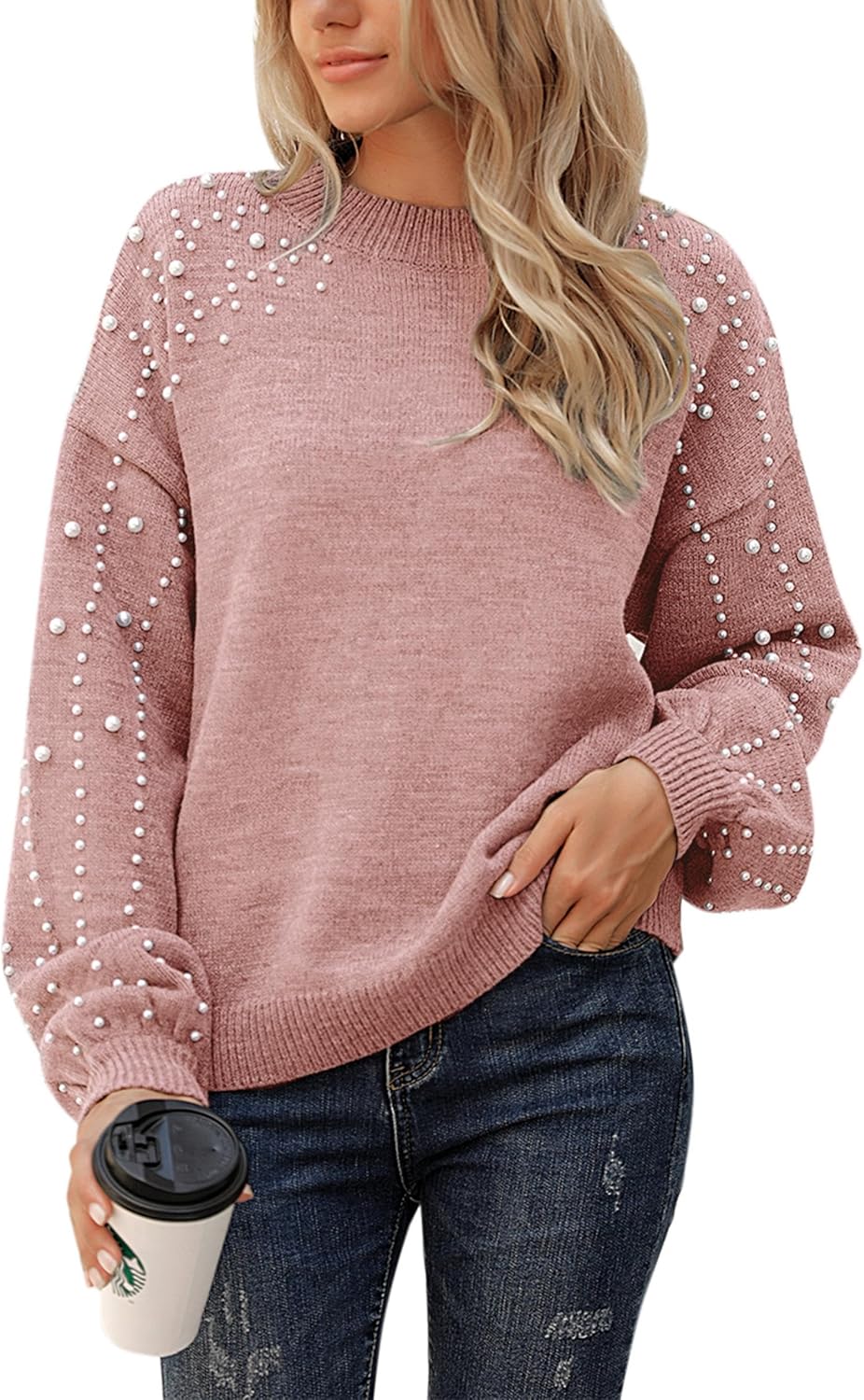 Blooming Jelly Women's Chunky Sweater Crewneck Sweatshirt Knit Lantern Sleeve Oversized Pullover Sweater with Pearls