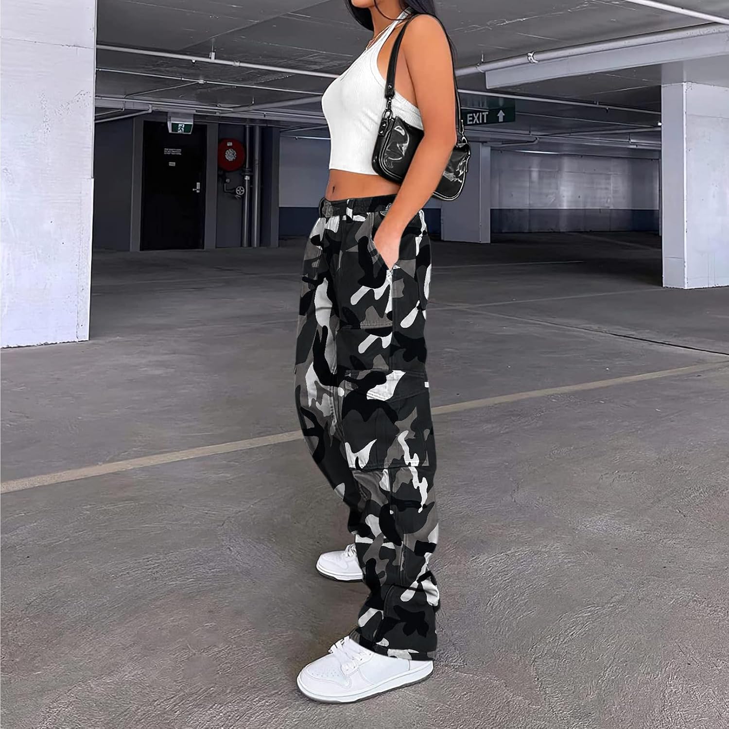Lepunuo Cargo Pants for Women High Waisted Casual Pants Baggy Stretchy Wide Leg Y2K Streetwear with 6 Pockets
