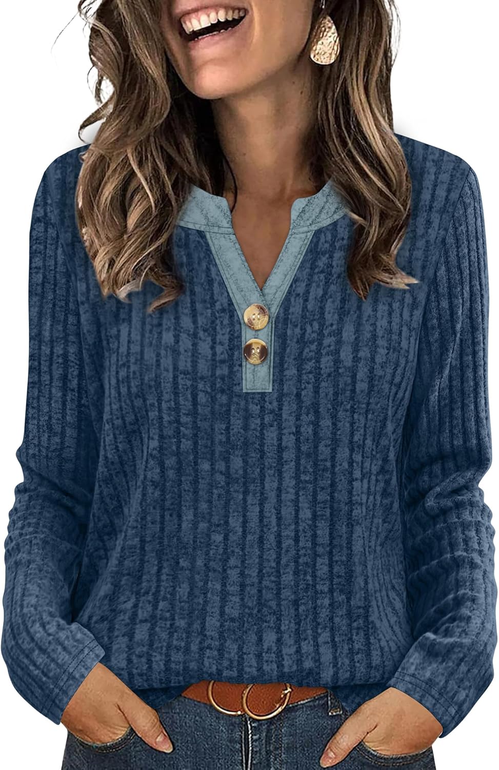 SAMPEEL Womens Sweaters Lightweight Long Sleeve Shirts V Neck Tops with Button Fall Outfits 2025