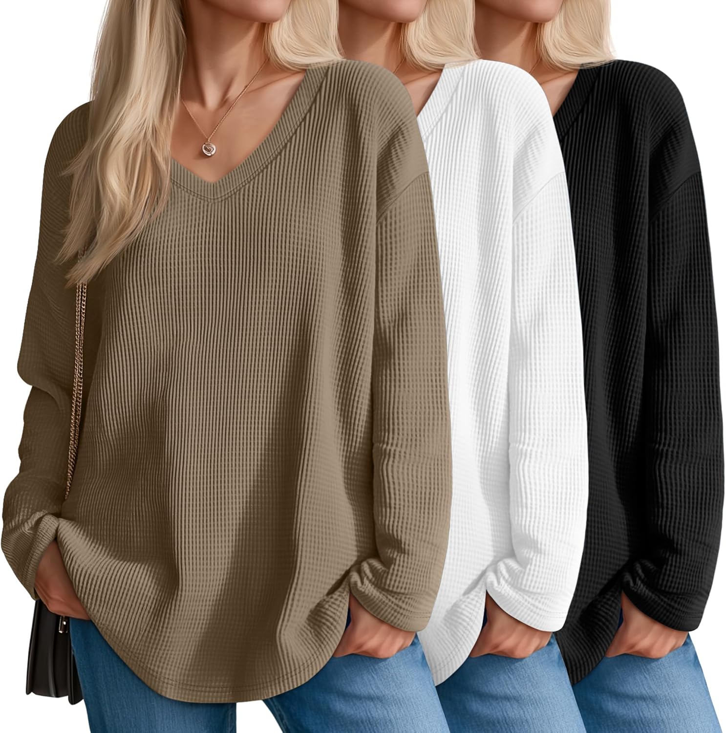 3 Pack Women's Oversized Waffle Knit Shirts, V Neck Long Sleeve Top Fall Casual Sweatshirt for Women