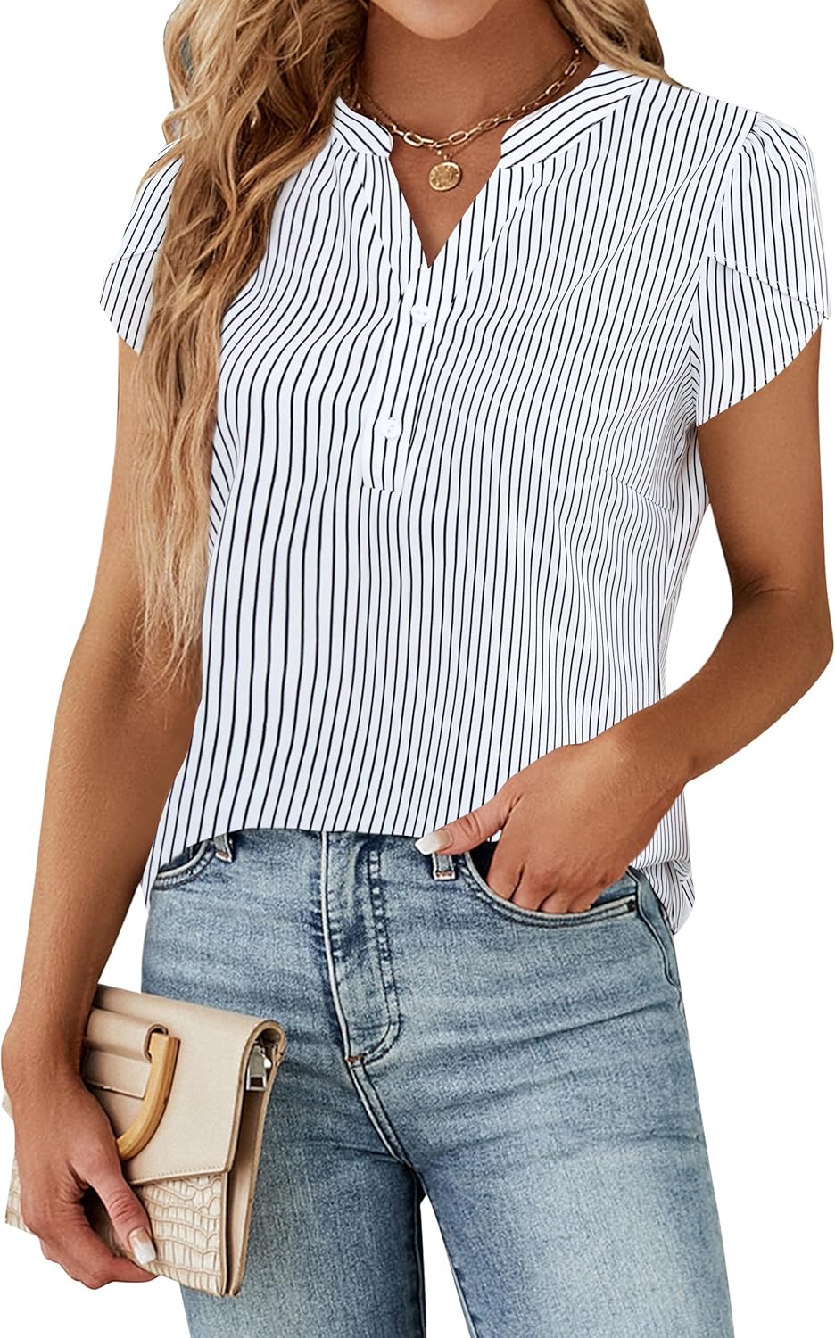 Blooming Jelly Women's Dressy Casual Tops Business Work Blouses White Button Down Shirts Cap Sleeve V Neck Tshirt