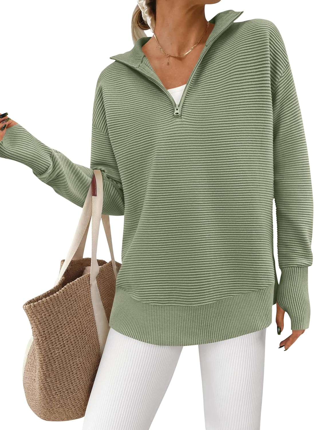 PRETTYGARDEN Womens Long Sleeve Quarter Zip Pullover Sweater Casual Loose V Neck Collared Ribbed Knit Jumper Tops Thumb Hole