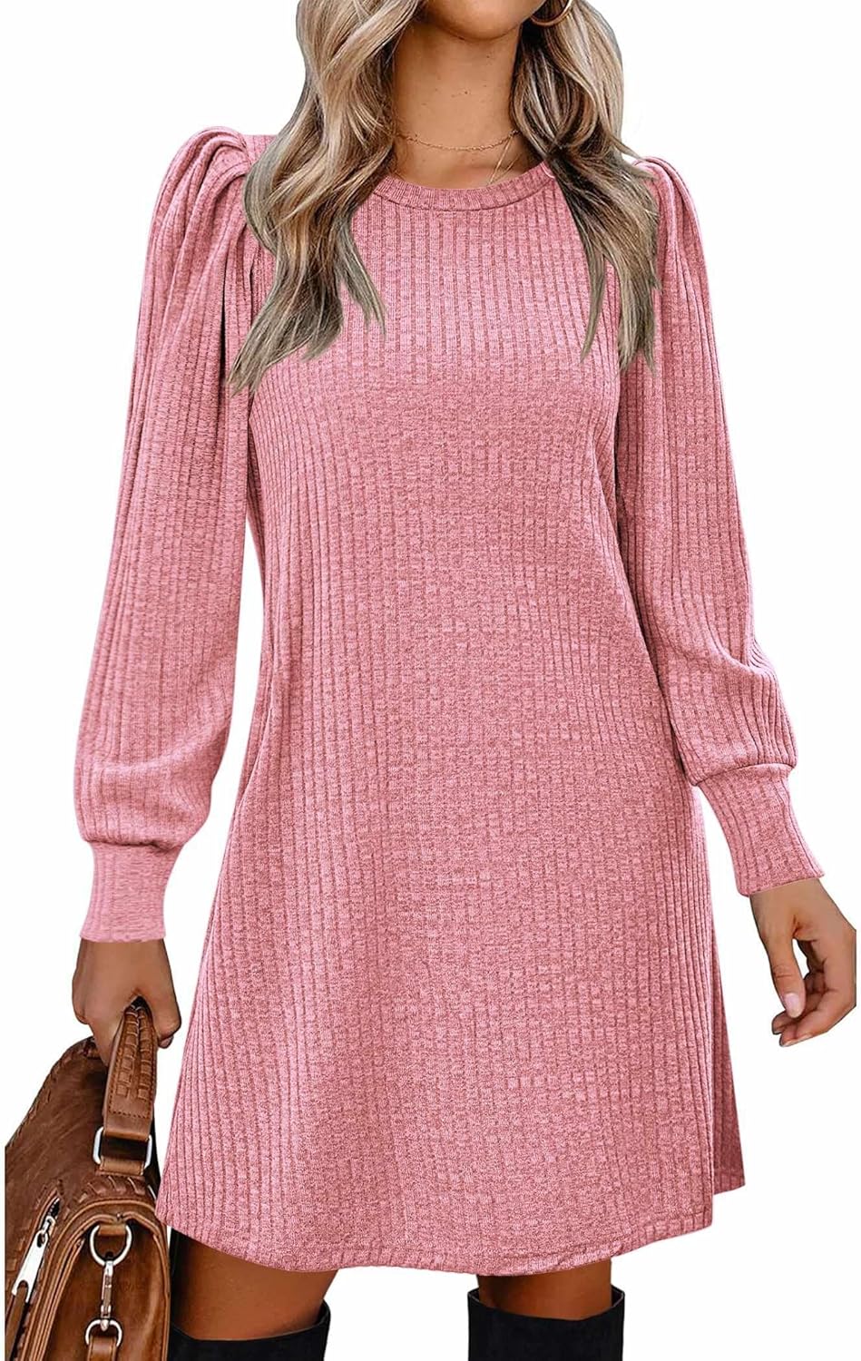 Zeagoo Women's Knit Dress with Puff Sleeves for Fall & Winter - Round Neck Casual Tunic Dress