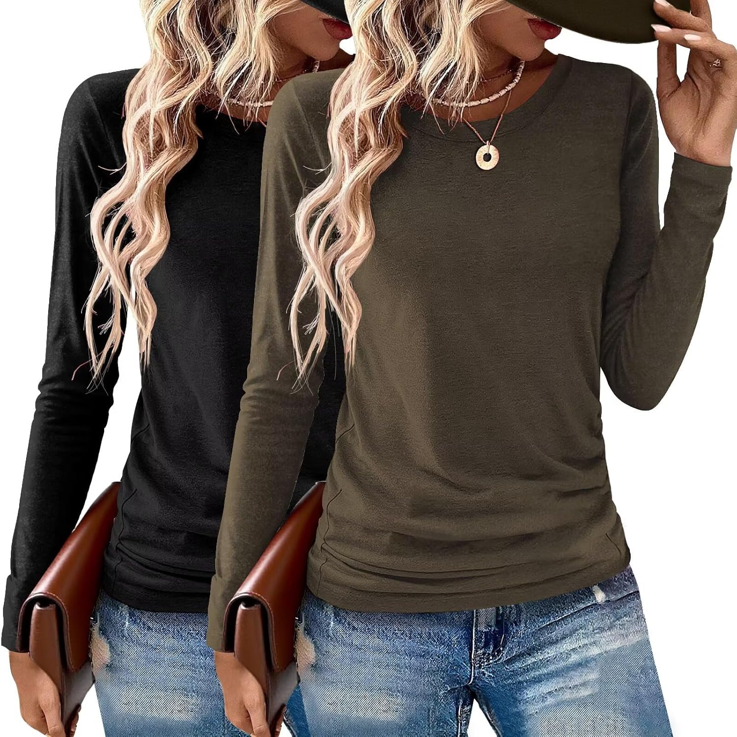 2 Pack Womens Tops Crewneck Soft Long Sleeve Shirts Fall Clothes Casual Tshirts Basic Tee