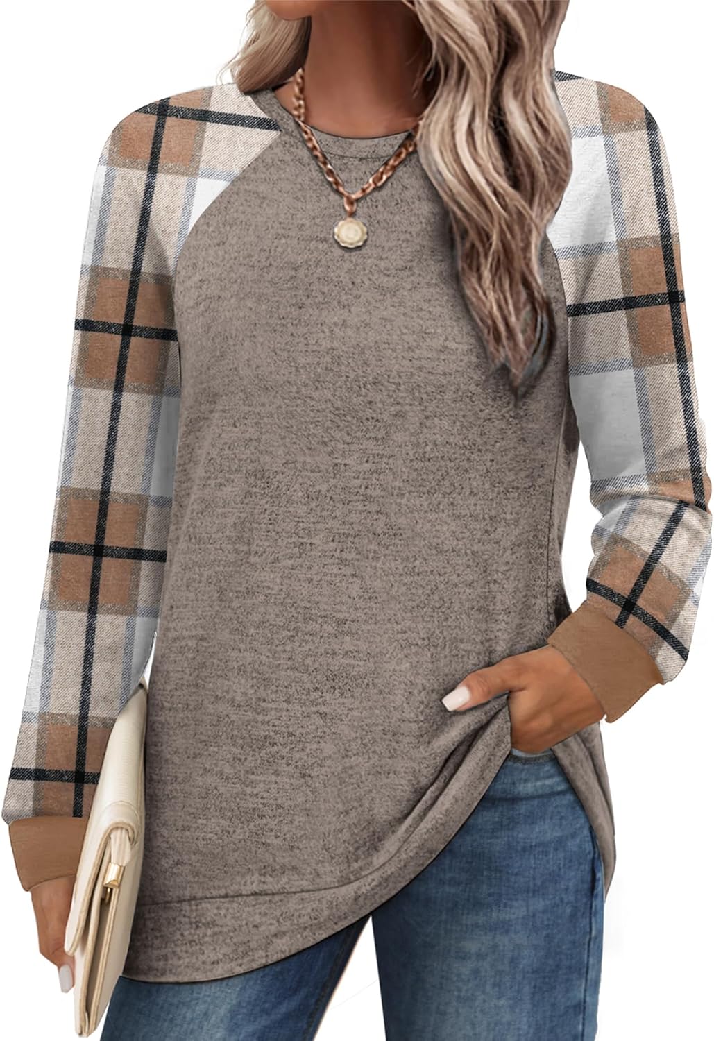 Saloogoe Tunic Sweatshirts for Women Crewneck Lightweight Sweaters Raglan Long Sleeve Shirts Fall Fashion Tops 2025