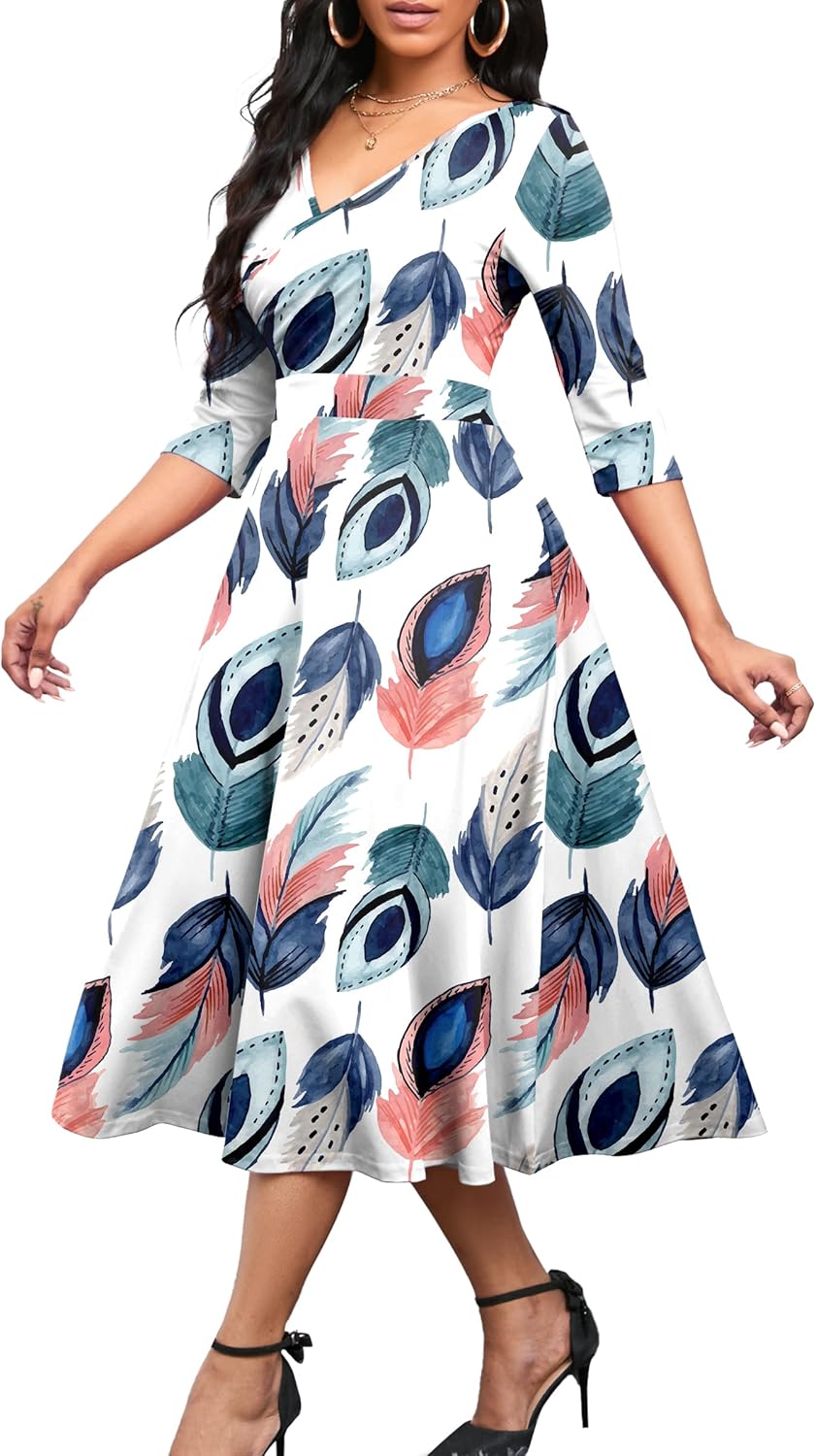 Nmoder Women's Casual Wrap Flared Midi Dress Wedding Guest Cocktail Tea Dresses A-Line Swing V-Neck 3/4 Sleeve