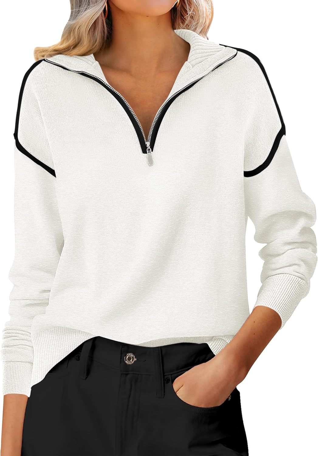 ANRABESS Womens Quarter Zip Sweaters Fall Long Sleeve V Neck Shirts Collared Business Casual Tops Knit Pullover Sweatshirts