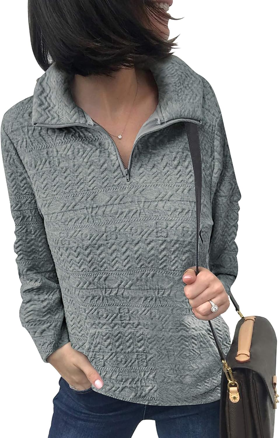 BTFBM Women Fashion Quilted Pattern Lightweight Zipper Long Sleeve Plain Casual Ladies Sweatshirts Pullovers Shirts Tops