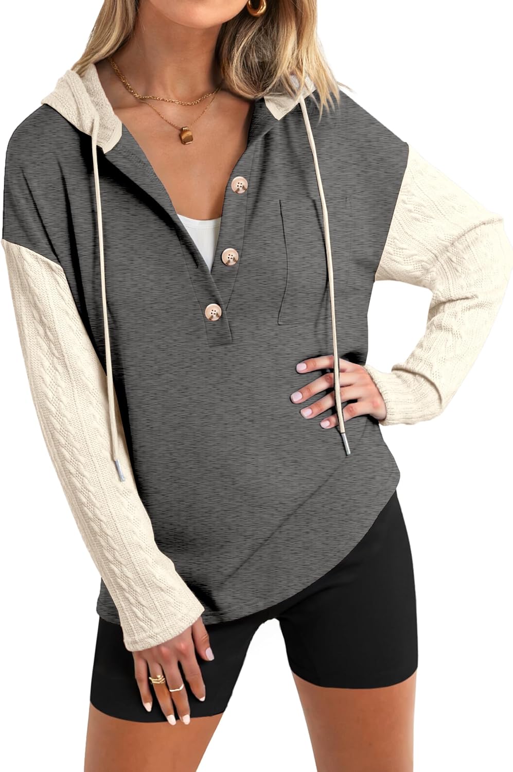 Glamaker Women's Button Down Cable Knit Hoodies Long Sleeve Patch Work Spliced Pullover Hooded Sweatshirts