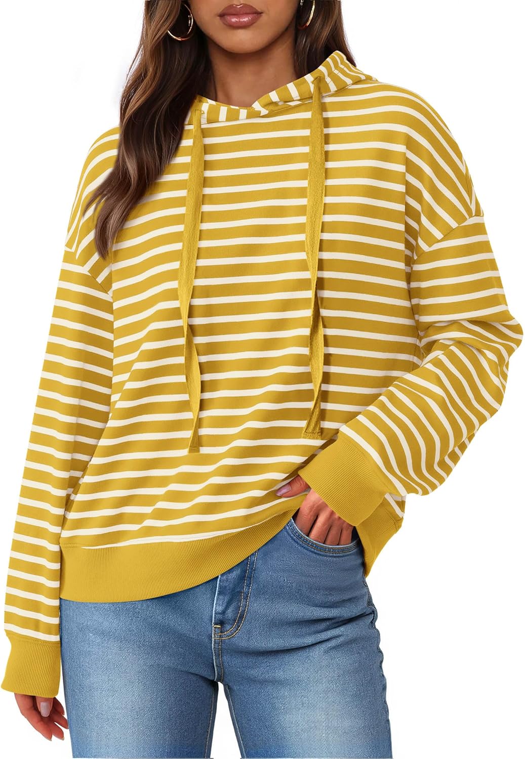 KIRUNDO Womens Hoodies Long Sleeve Striped Drawstring Sweatshirt Loose Fit Hooded Pullover Tops Fall Winter Clothing