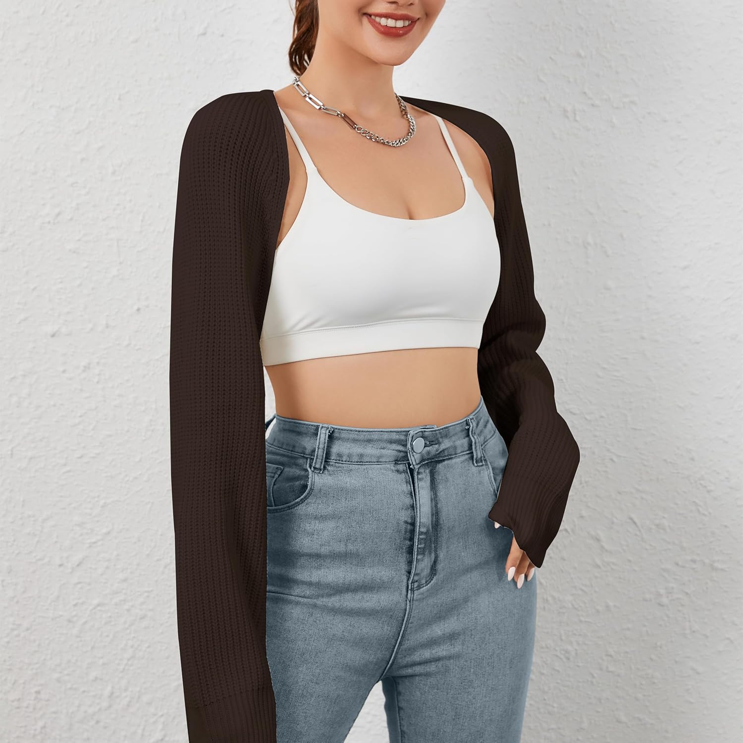 Women Open Front Ribbed Knit Crop Bolero Drop Shoulder Long Sleeve Solid Loose Fit Knitted Crop Cardigan Shrug
