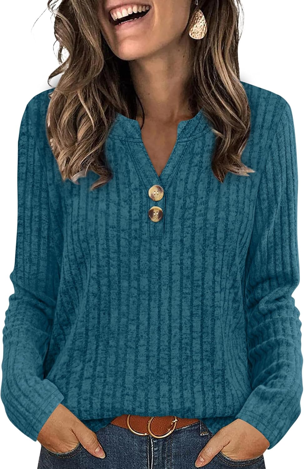 SAMPEEL Womens Sweaters Lightweight Long Sleeve Shirts V Neck Tops with Button Fall Outfits 2025