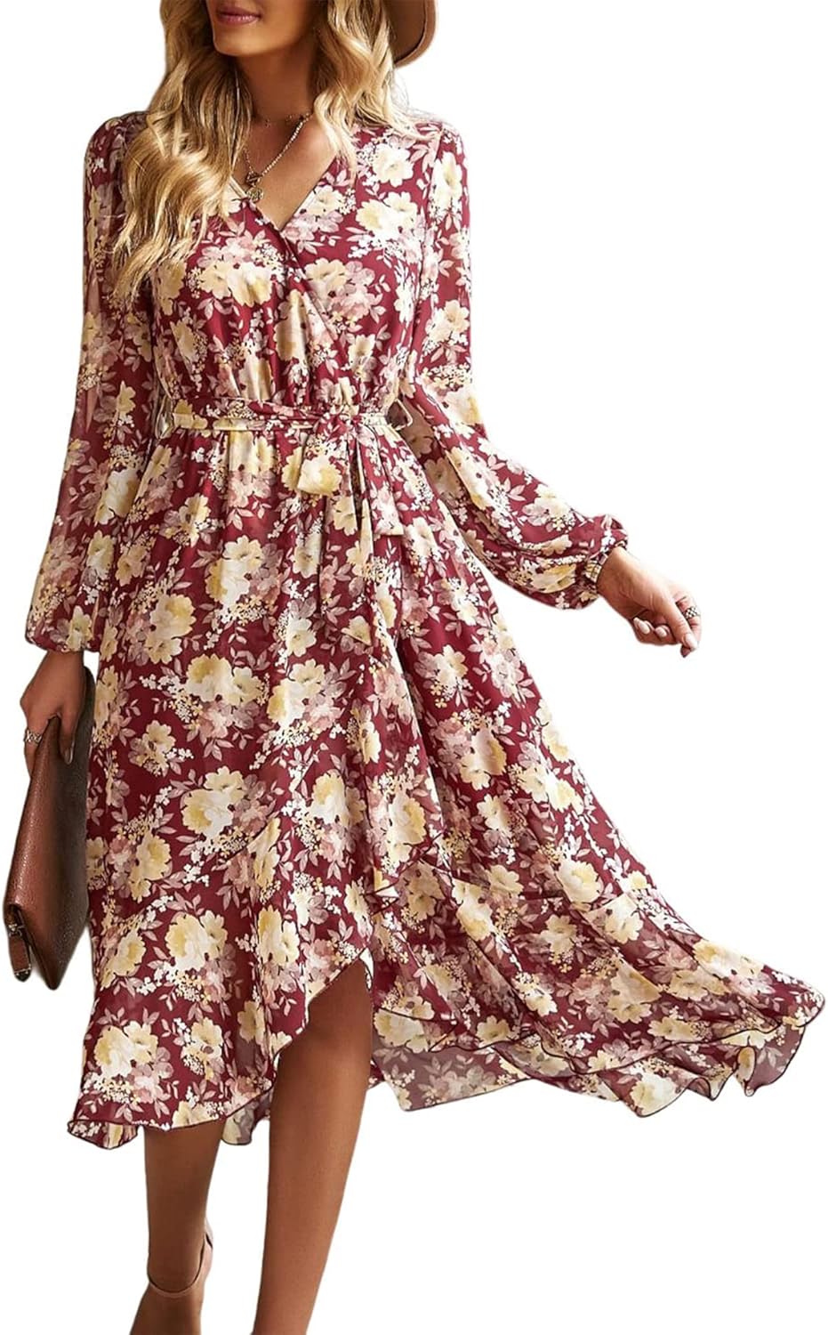 PRETTYGARDEN Women's Floral Boho Dress Fall Long Sleeve Wrap V Neck Ruffle Flowy Maxi Spring Wedding Guest Vacation Dresses