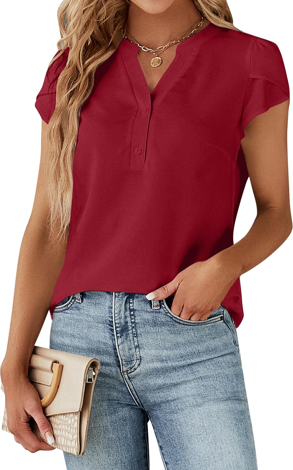 Blooming Jelly Women's Dressy Casual Tops Business Work Blouses White Button Down Shirts Cap Sleeve V Neck Tshirt