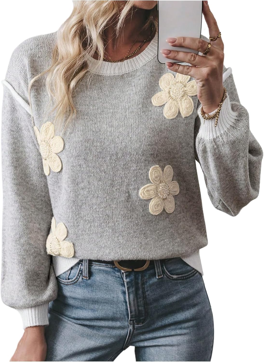 Women's 3D Floral Appliques Crewneck Sweaters Long Sleeve Drop Shoulder Pullovers Elegant Knit Tops