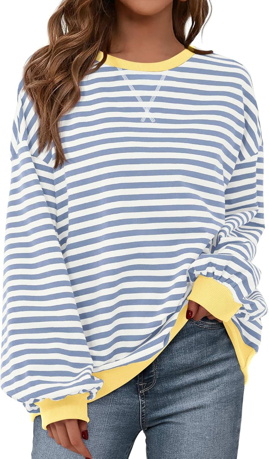 BTFBM Womens Oversized Striped Sweatshirt Crewneck Long Sleeve Pullover Top Casual Y2K Fall Clothes 2025 Workout Shirt