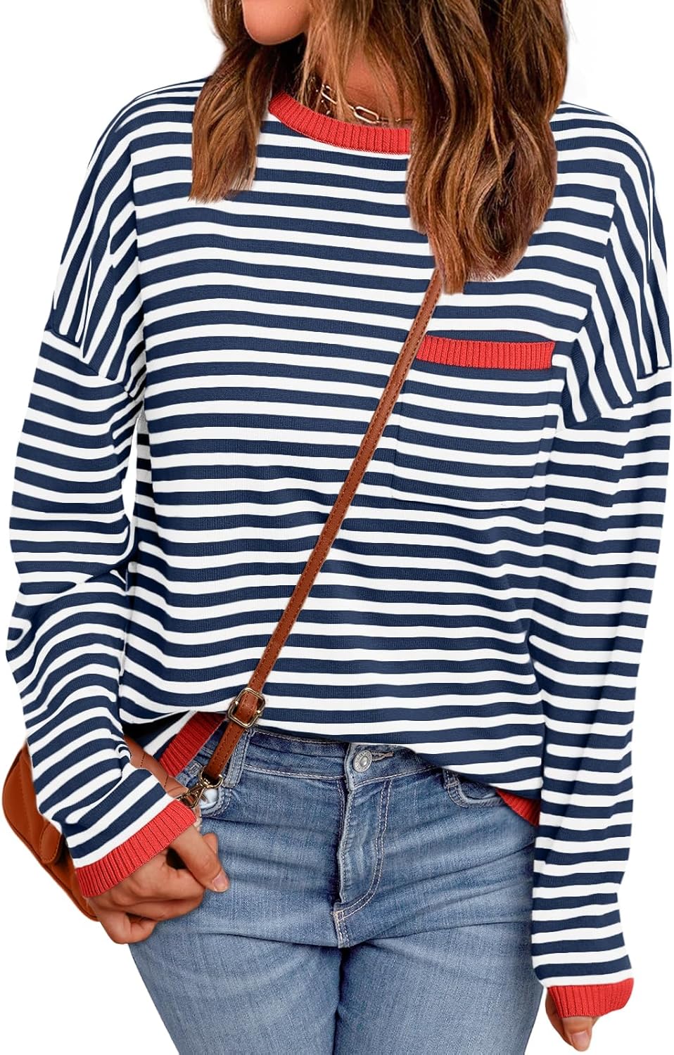 LILLUSORY Womens Striped Soft Knit Pullover Sweater Loose Fit Shirts with Chest Pocket