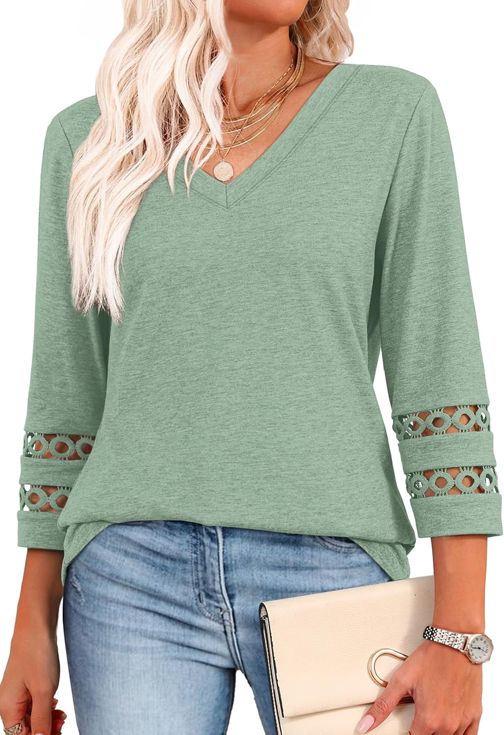 XIEERDUO 3/4 Length Sleeve Womens Tops Dressy Casual Blouses for Women 2025 Trendy V Neck T Shirts Summer Clothes