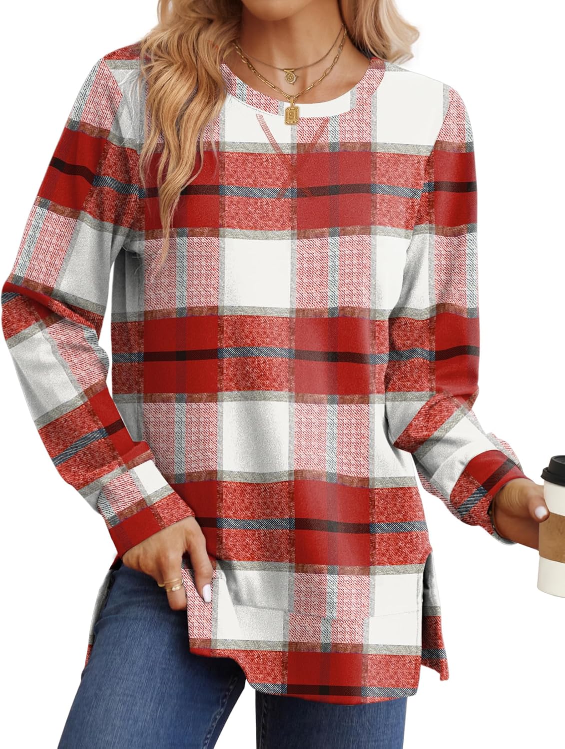 Saloogoe Sweatshirt for women Side Split Fall Fashion 2025 Long Sleeve Shirts Trending Now
