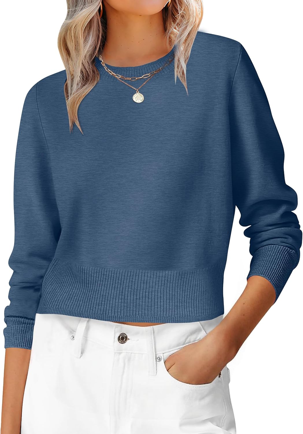 ANRABESS Women’s Long Sleeve Sweaters Cropped Crew Neck Business Casual Light Weight Sweater Tops Fall Fashion Clothes 2025