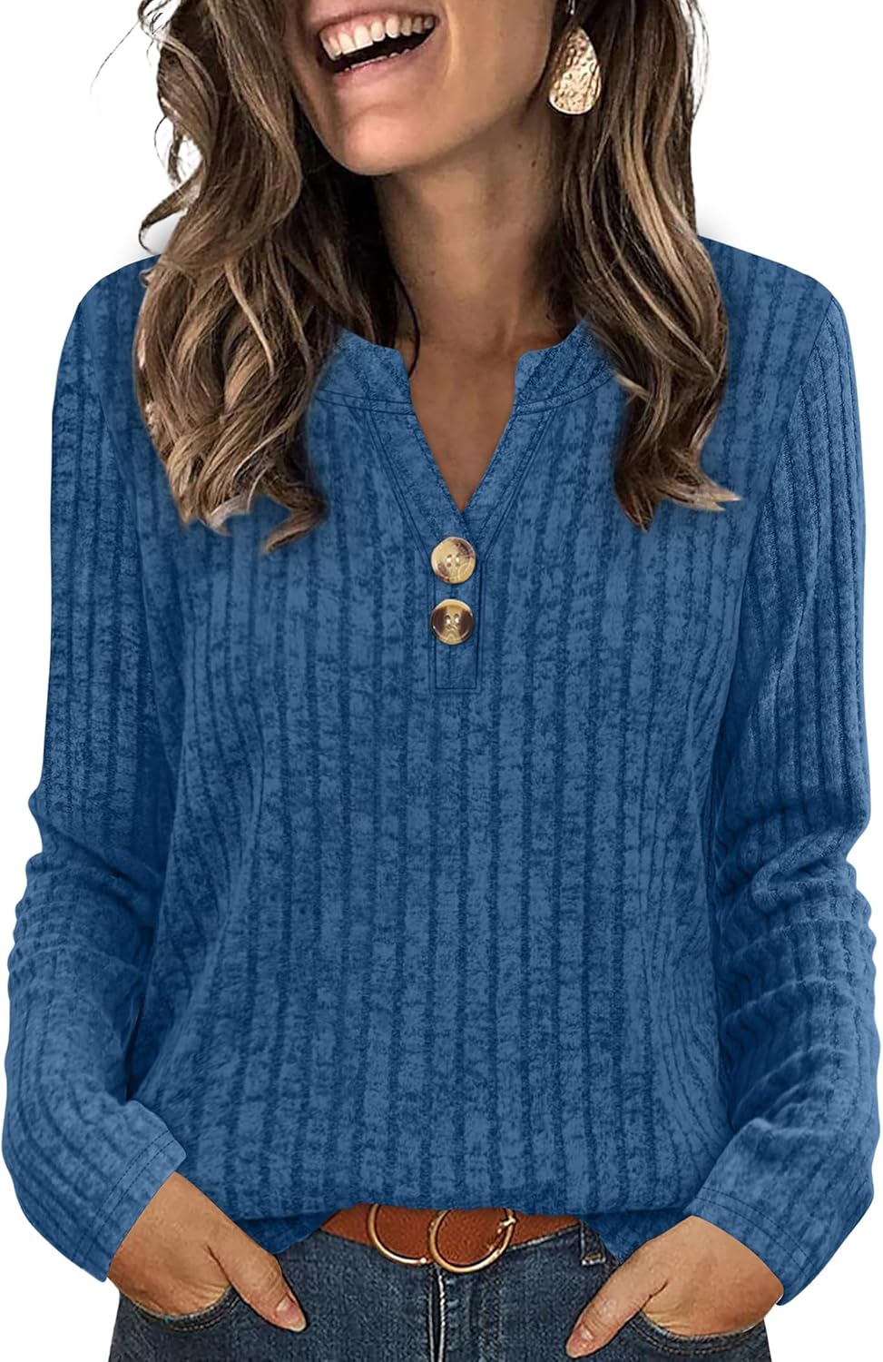 SAMPEEL Womens Sweaters Lightweight Long Sleeve Shirts V Neck Tops with Button Fall Outfits 2025