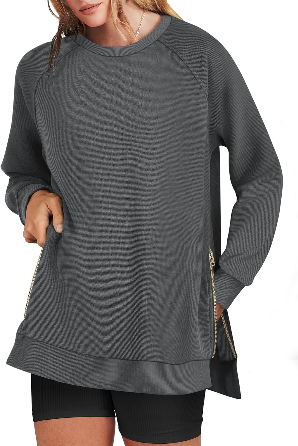 ANRABESS Women's Oversized Sweatshirts Crewneck Long Sleeve Tunic Pullover Shirts Side Zipper Hoodies 2025 Fall Clothes