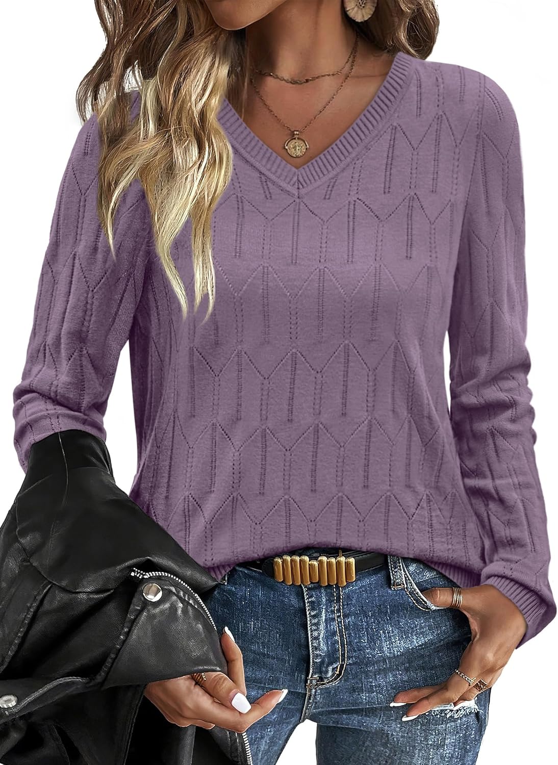 OFEEFAN Womens Sweaters Long Sleeve Shirts Fall Outfits 2025 V Neck Soft Knit Pullover Trendy Tops Dressy Casual Blouses