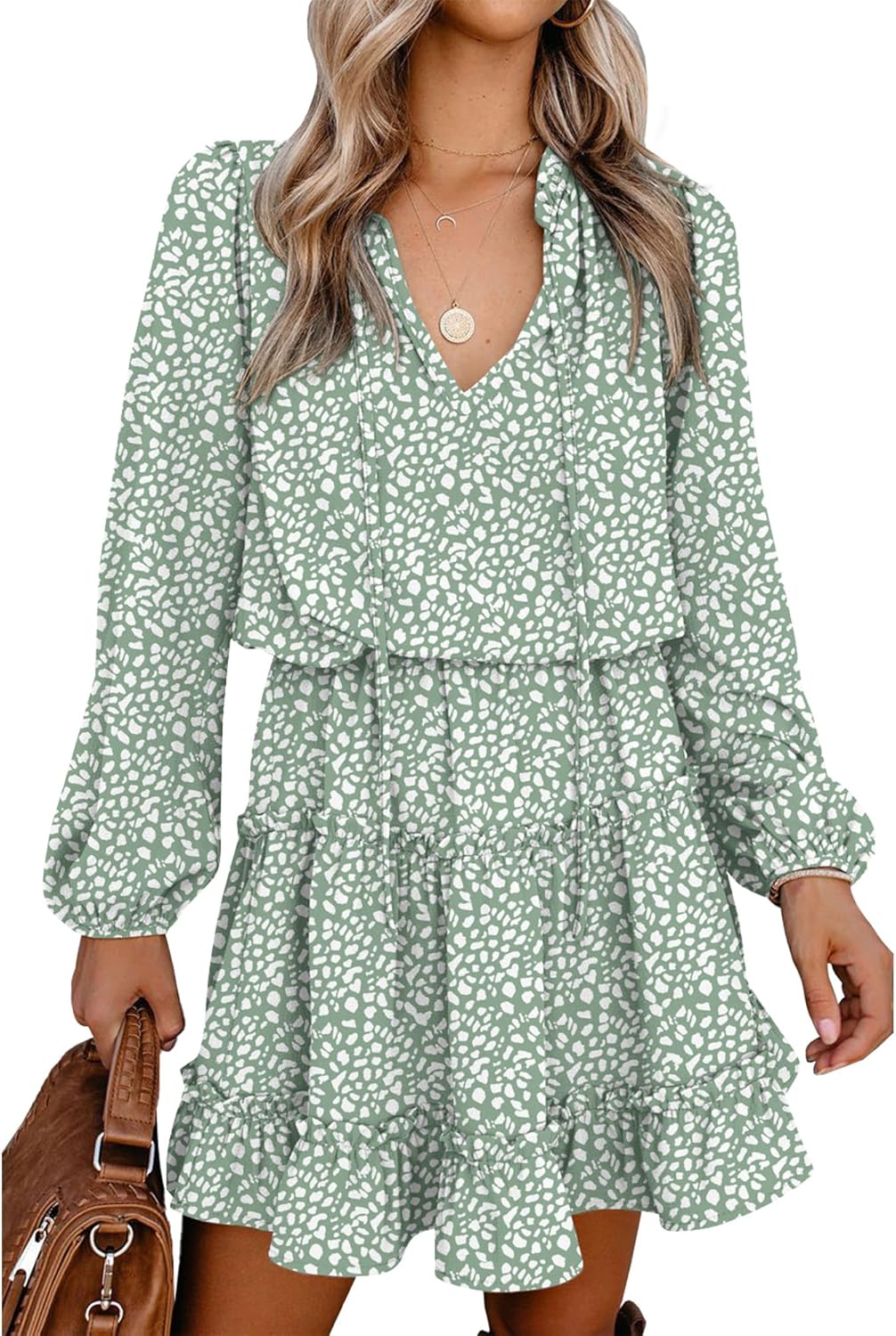 BTFBM Long Sleeve Fall Dresses for Women 2025 Summer Casual Tie Neck Ruffle Tiered A Line Wedding Guest Short Mini Dress