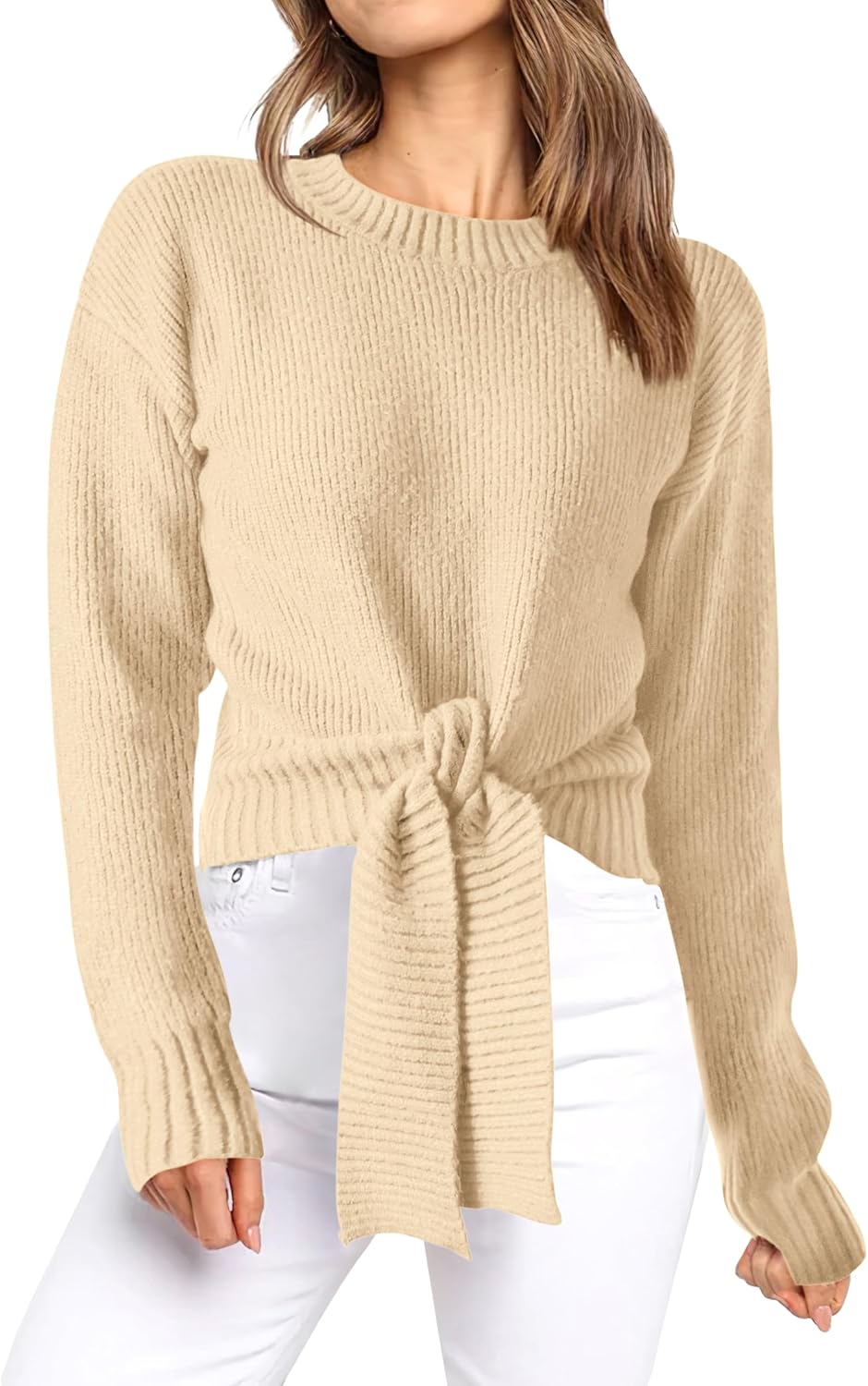 Okiwam Women's Long Sleeve Cropped Sweaters Casual Knit Pullover Tie Front Crew Neck Fall Outfits Fashion Clothes 2025