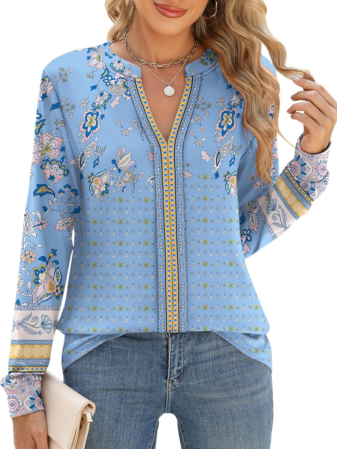 Micoson Womens Tops Dressy Casual Long Sleeve Business Knit T Shirts V Neck Pleated Work Blouses Loose Fall Trendy Clothes