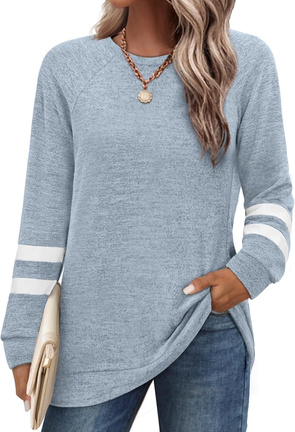 Saloogoe Tunic Sweatshirts for Women Crewneck Lightweight Sweaters Raglan Long Sleeve Shirts Fall Fashion Tops 2025