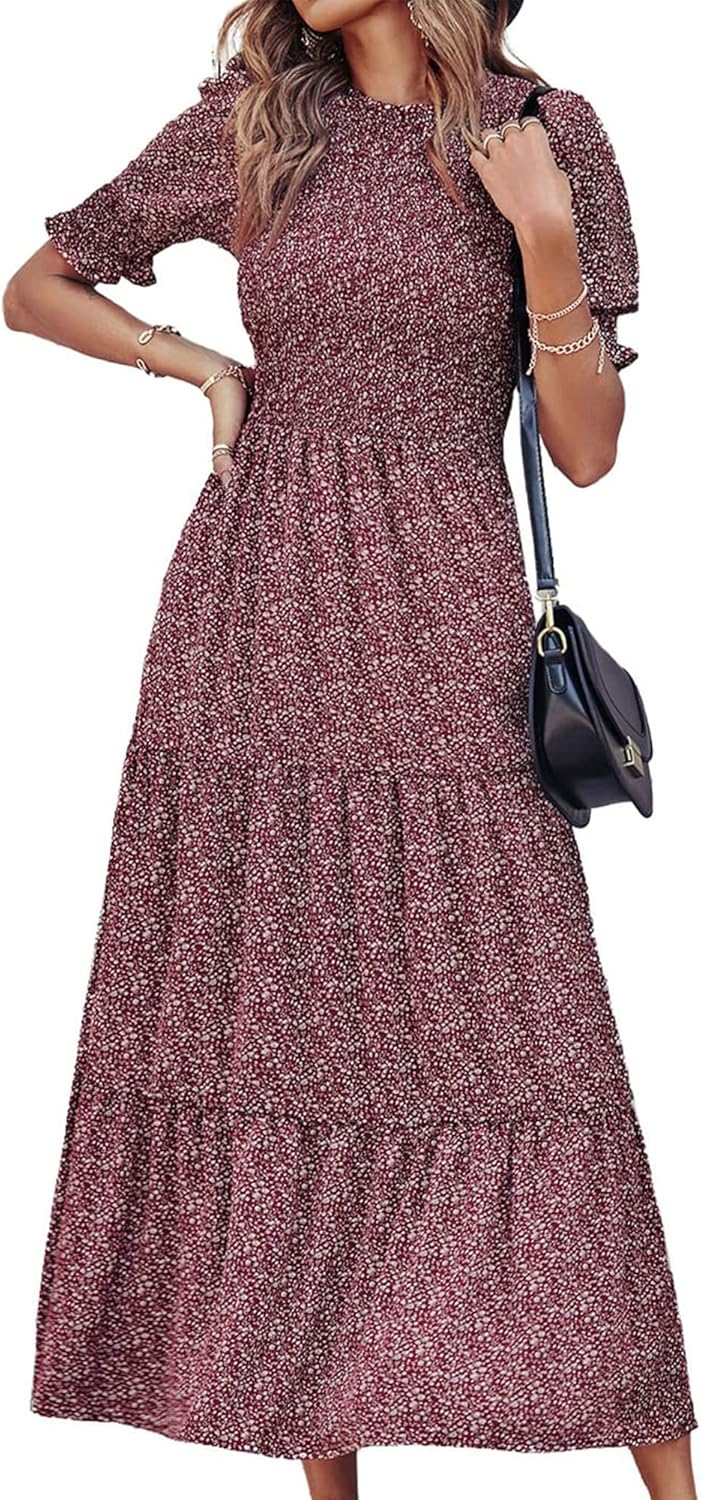 BTFBM Women Casual Summer Dresses 2025 Spring Crew Neck Ruffle Short Sleeve Floral Print Smocked Boho Flowy Maxi Dress