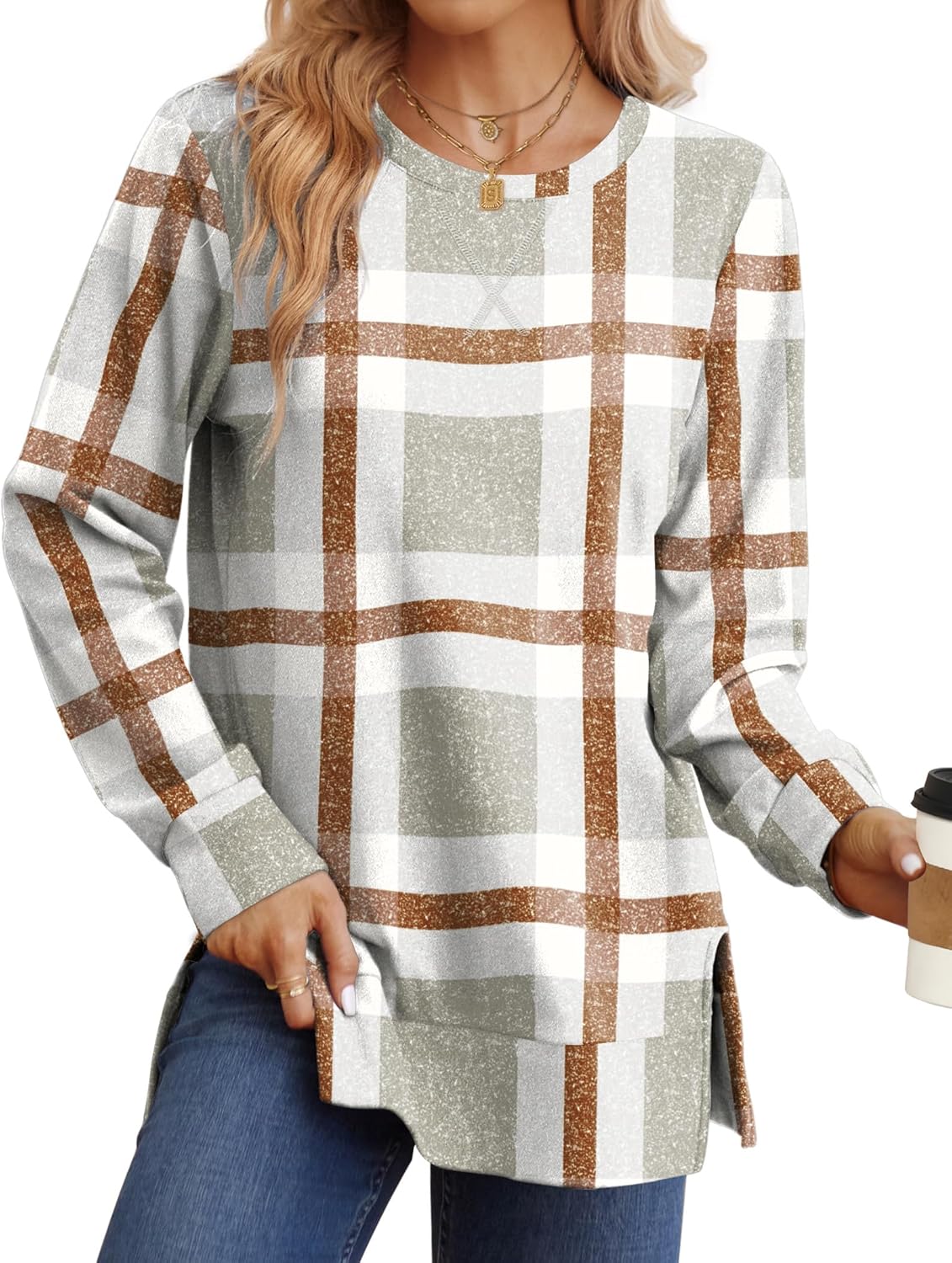 Saloogoe Sweatshirt for women Side Split Fall Fashion 2025 Long Sleeve Shirts Trending Now