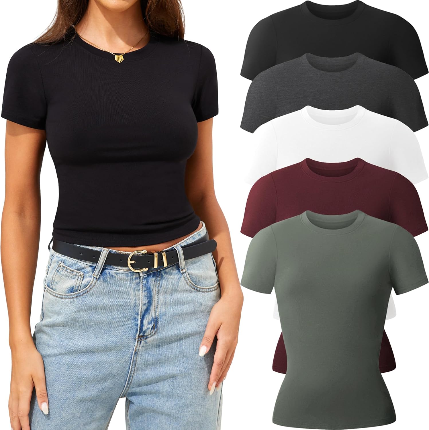CE' CERDR 3/5 Pack Womens T Shirts Crew Neck Short Sleeve Shirts for Women Casual Basic Fitted Stretchy Tee Tops