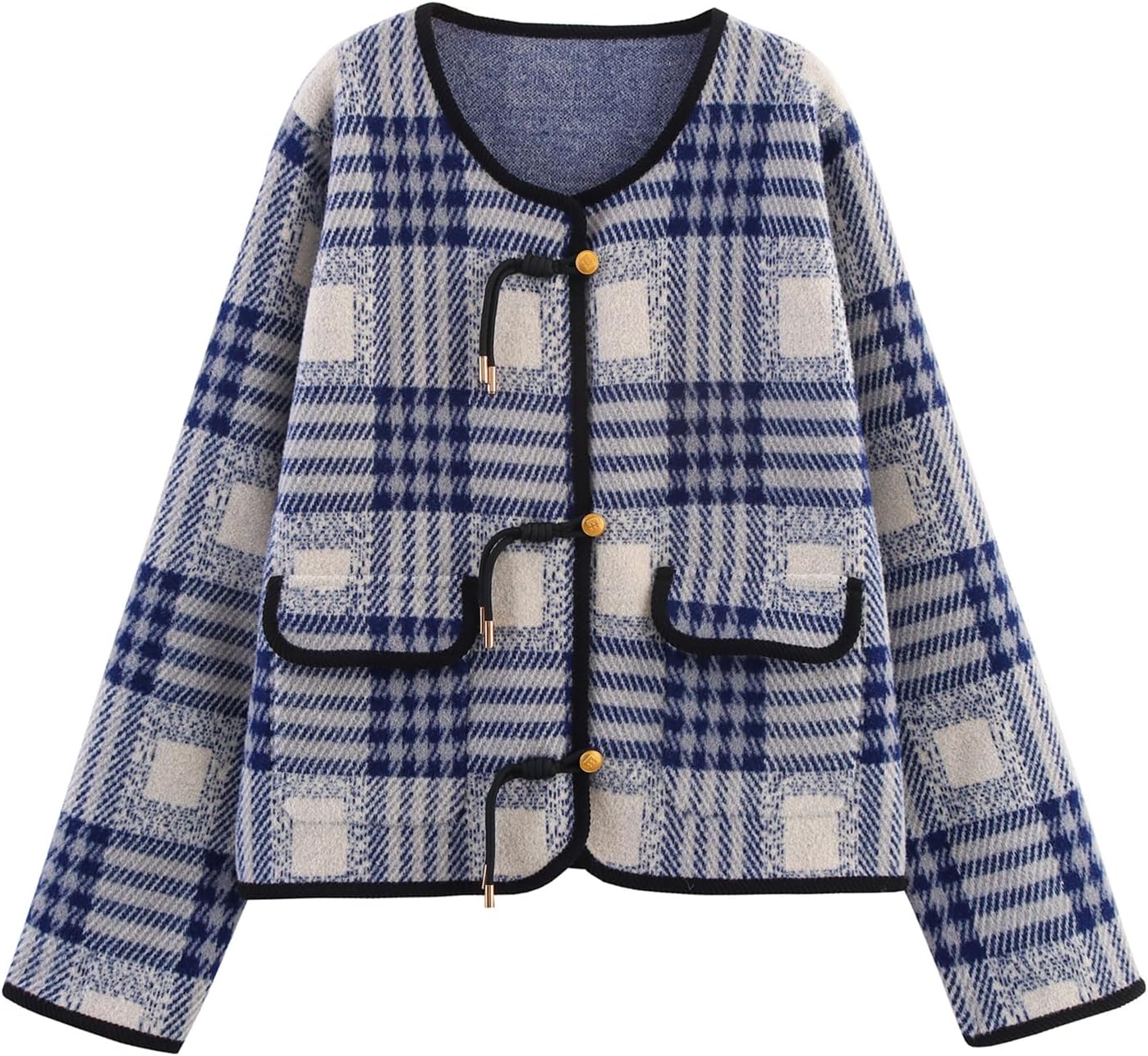 HOULENGS Women's Vintage Button Down Cardigan Sweater Plaid Print Long Sleeve Knit Coat with Pockets 2025 Fall Fashion