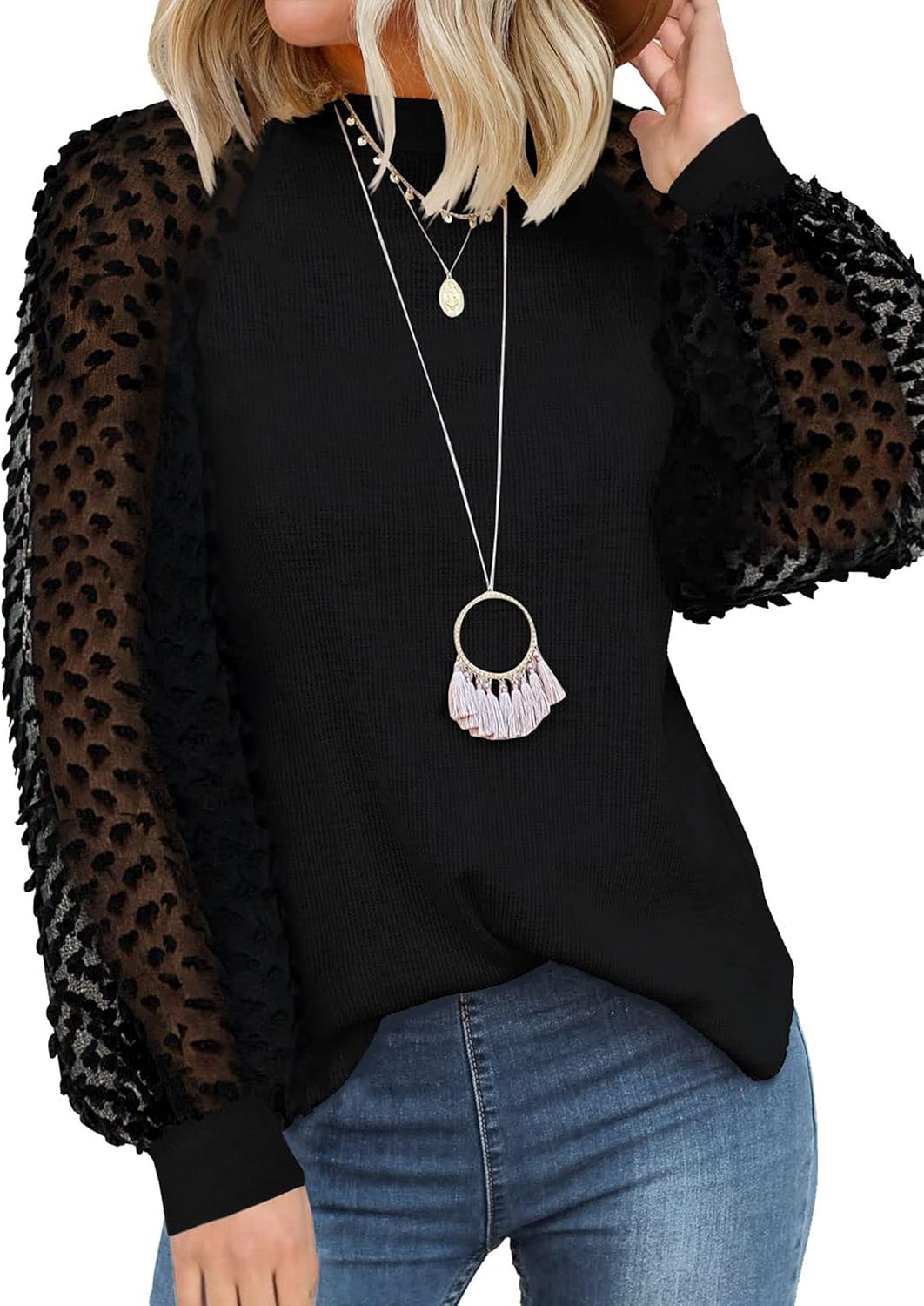 MIHOLL Women’s Long Sleeve Tops Lace Casual Loose Blouses T Shirts