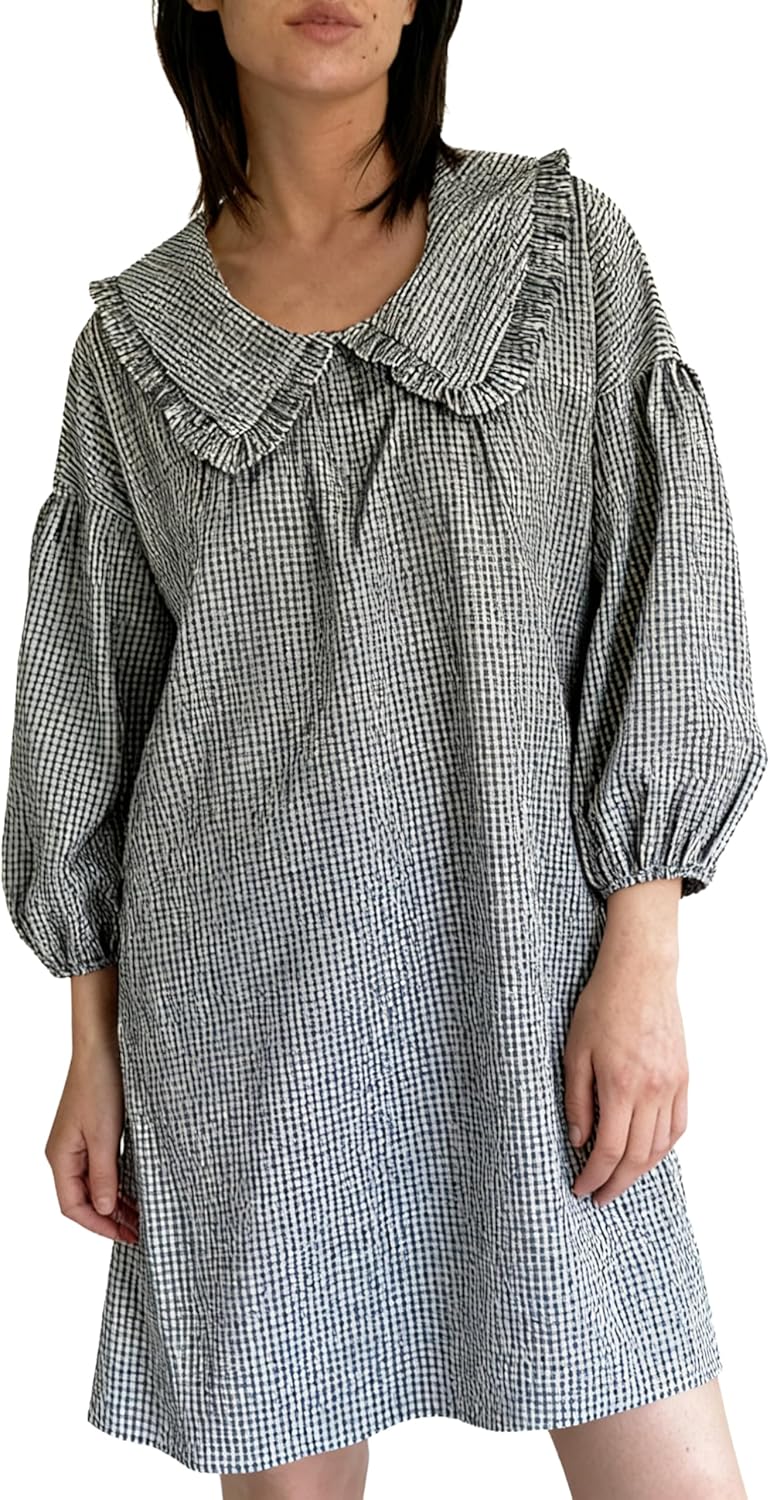 2025 Women's Babydoll 3/4 Puff Sleeve Plaid Mini Dress Lapel Doll Collar Loose Y2k Dress